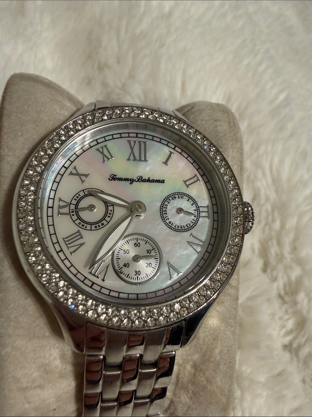 Tommy Bahama Silver-Tone Crystal Bezel Mother-of-Pearl Watch